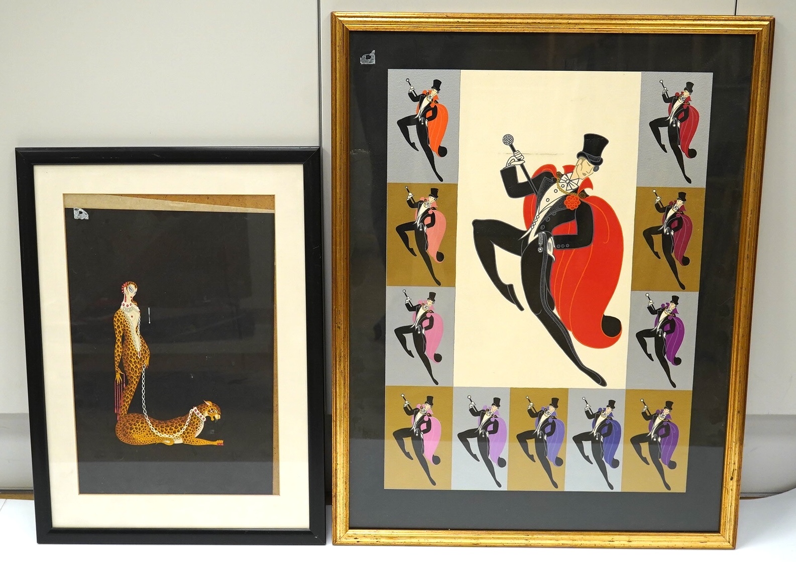 After Romain de Tirtoff (Erté, 1892-1990), two colour prints, Art Deco female with leopard and dancing figure, largest 53 x 39cm. Condition - fair, one loose within the frame